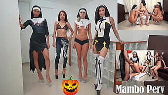 Seks Kelompok Bertema Halloween Sensual Dengan Biarawati Nakal Dan Gadis Iblis